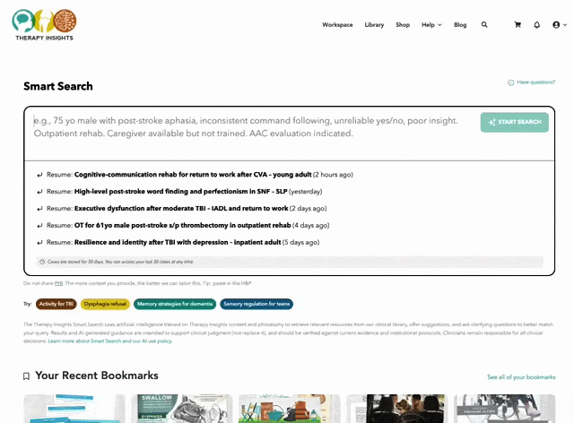 Therapy Insights Smart Search planning a session, browsing the resource library, and reviewing past searches