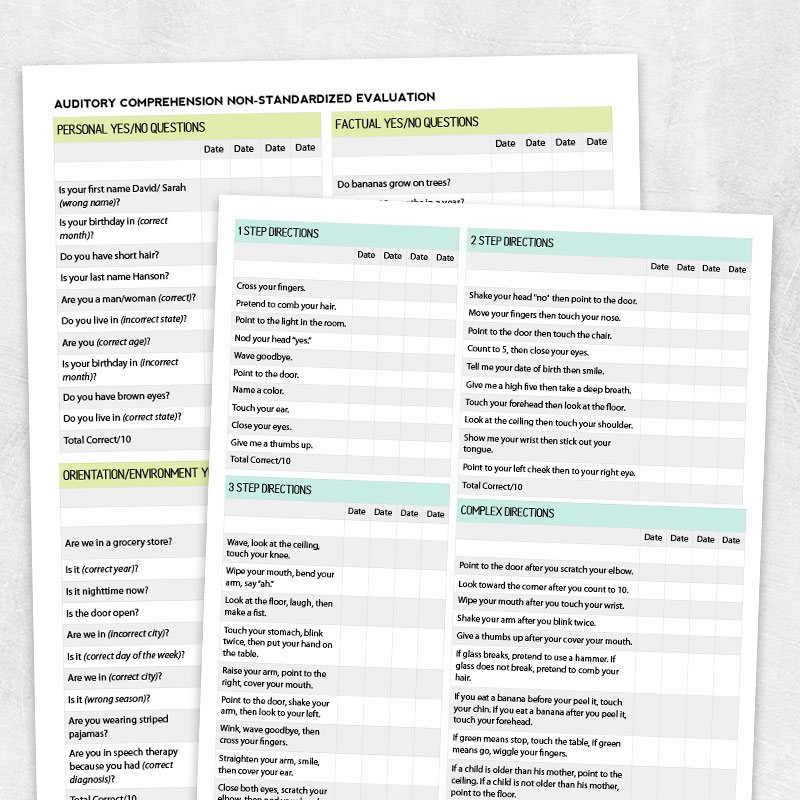 Auditory Comprehension Quick Informal Assessment Printable Handouts 