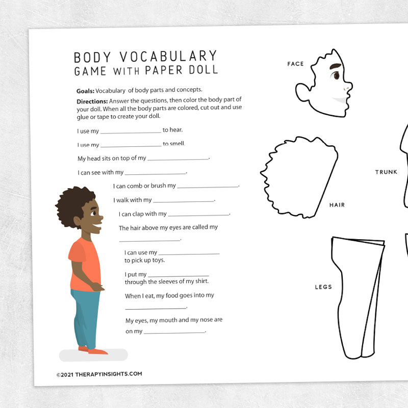 Speech therapy printable: Body vocabulary game with paper doll