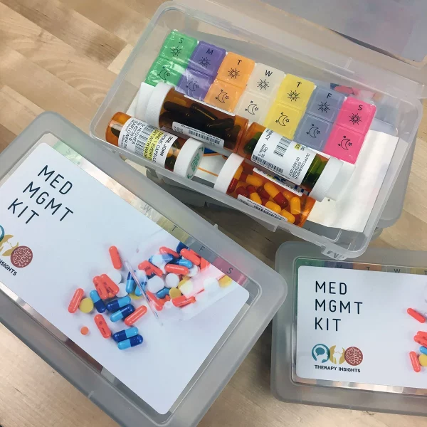Carrying case, prescription bottles, and pill try for medication management kit