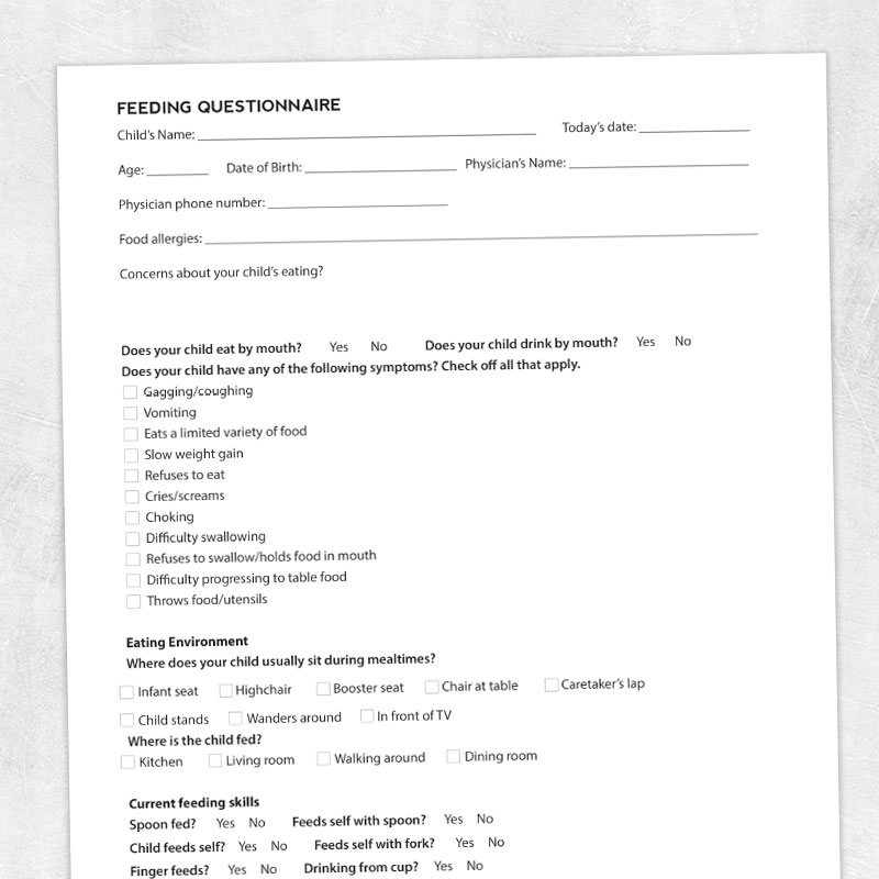 Pediatric Feeding Questionnaire Adult And Pediatric Printable