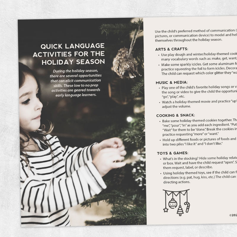 Speech therapy printable handout: Quick language activities for the holiday season