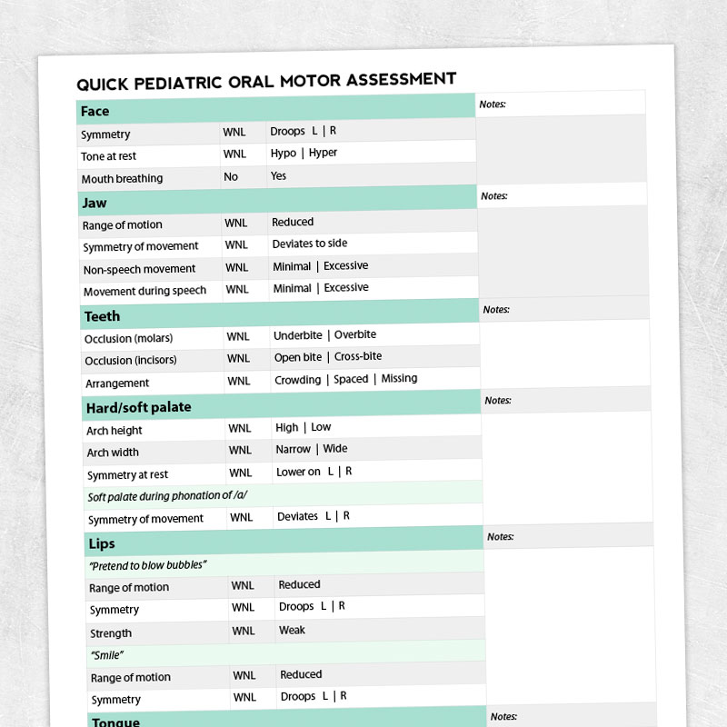 Speech therapy printable pediatric oral motor assessment