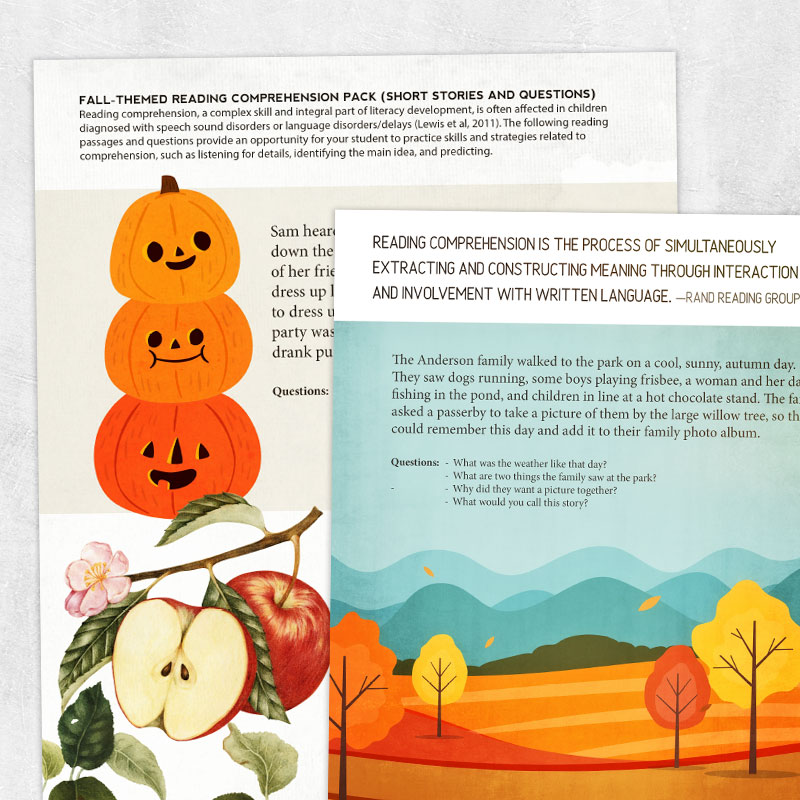 Speech therapy printable activity: Fall-themed reading comprehension pack