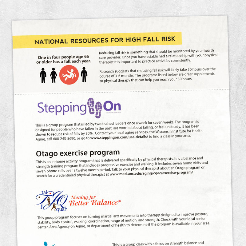 Physical and occupational therapy printable handout: National resources for high fall risk