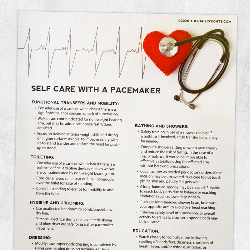 Occupational printable therapy handout: Self care with a pacemaker