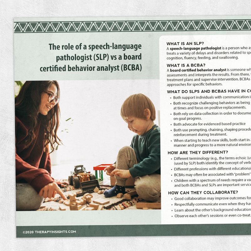 Speech therapy printable handout: The role of a speech-language pathologist vs a board certified behavior analyst