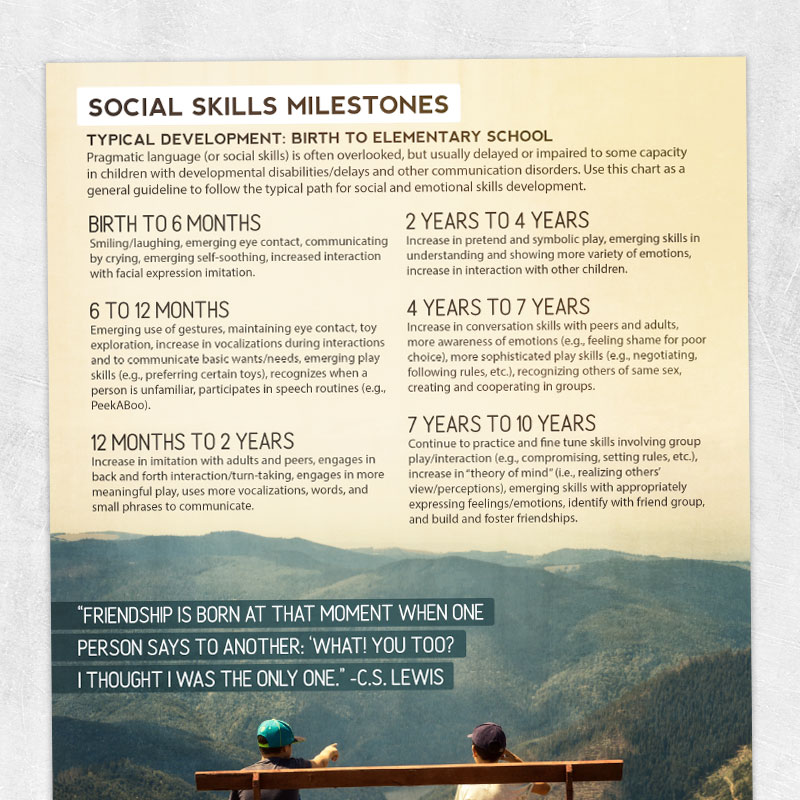 Speech therapy printable handout: Social skills milestones