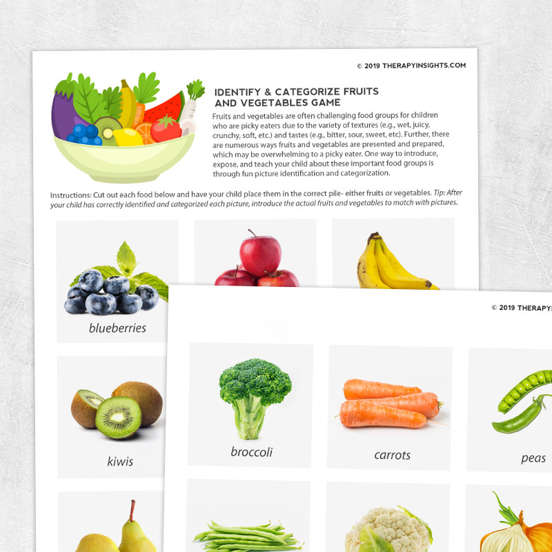 Speech therapy printable activity: Identify and categorize fruits and veggies game