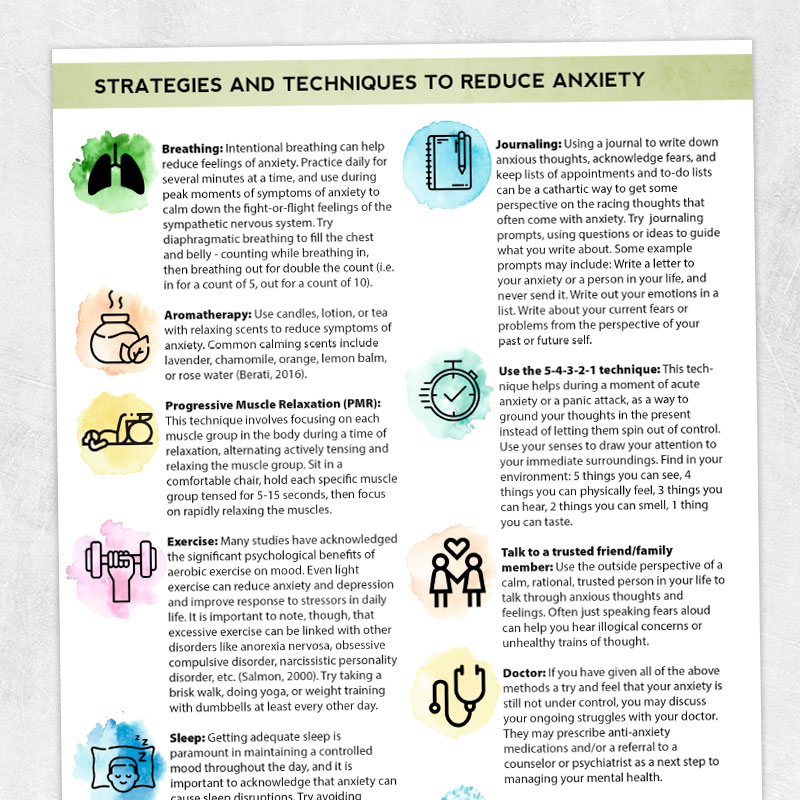 Occupational therapy printable handout: Strategies and techniques to reduce anxiety