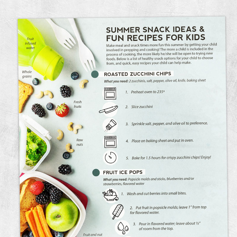 Speech therapy printable handout: Summer snack ideas and fun recipes for kids