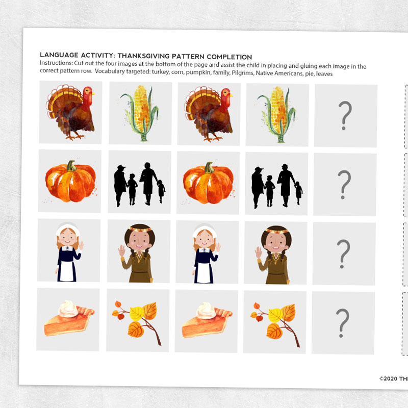 Speech therapy printable: Thanksgiving pattern completion