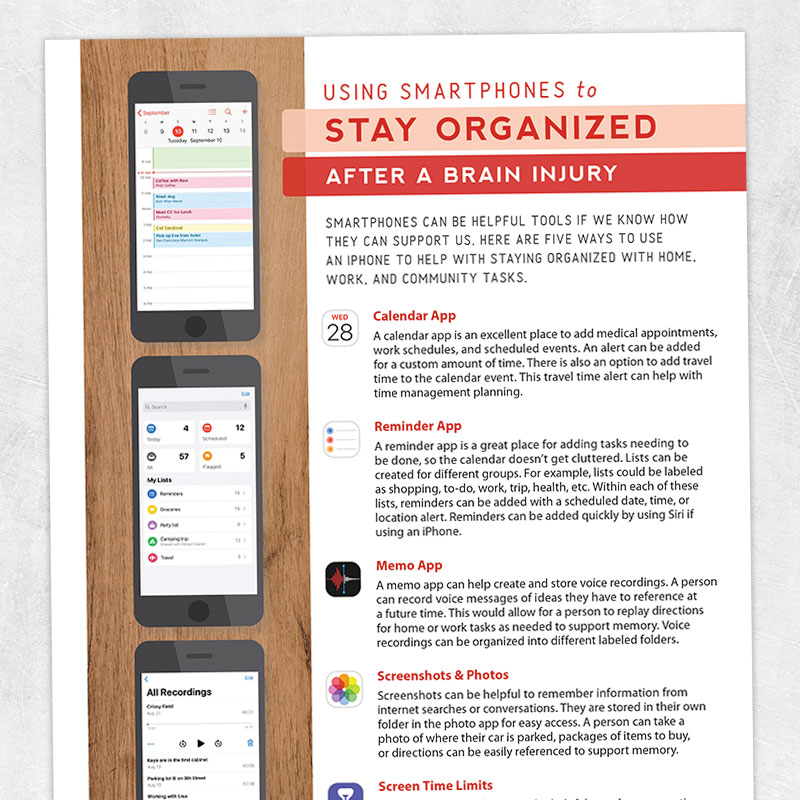 Med SLP and occupational therapy printable: Using smartphones to stay organized after a brain injury
