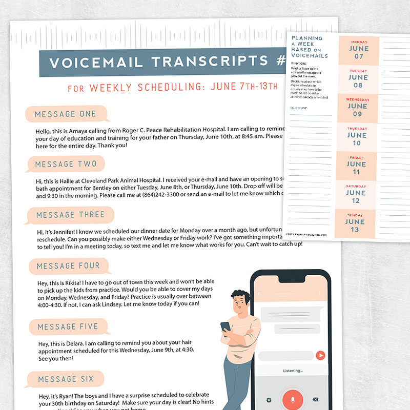 Med SLP - adult speech therapy printable - Voicemail transcripts therapy task