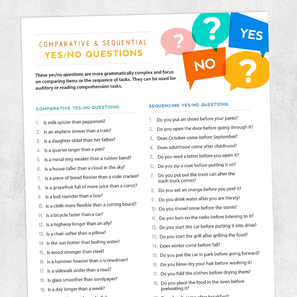 Med SLP adult speech therapy printable handout - Comparative and sequential yes/no activities