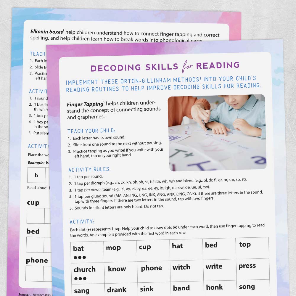 Speech therapy printable handout: Decoding skills for reading