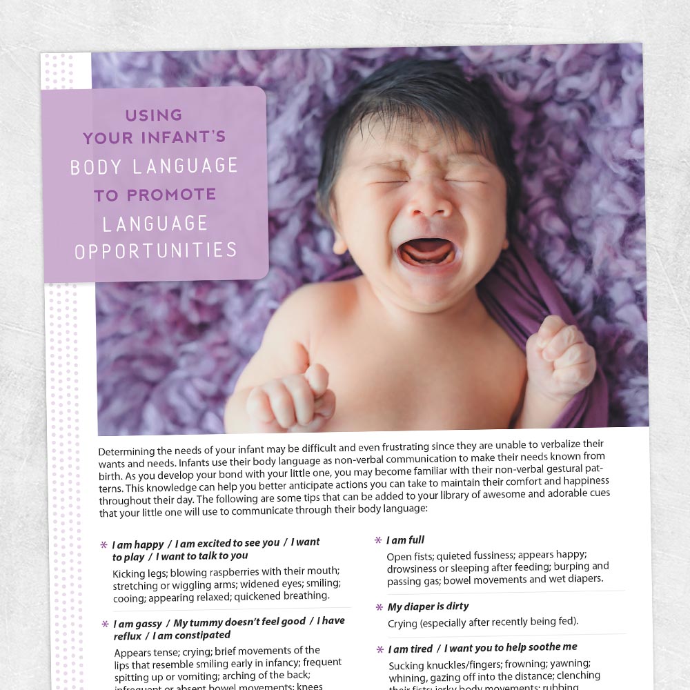 Speech therapy printable handout: Using your infant's body language to promote language opportunities