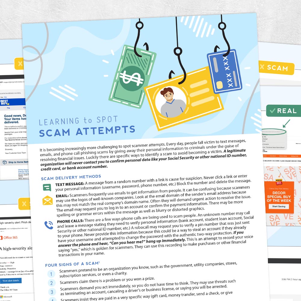 Med SLP Printable handout: Learning to spot scam attempts