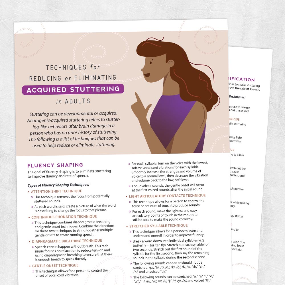 Med SLP printable handout: Techniques for reducing or eliminated acquired stuttering in adults