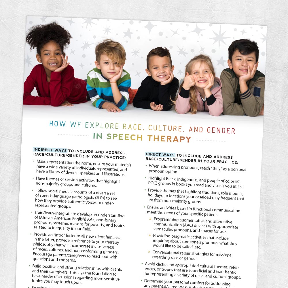 Speech therapy handout: How we explore race, culture, and gender in speech therapy