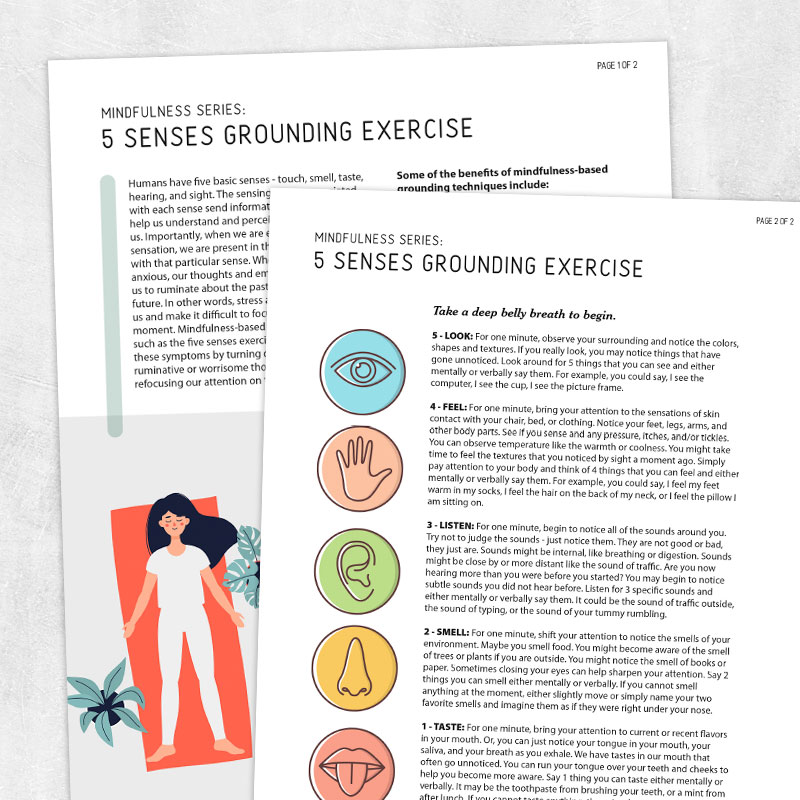 Speech, occupational, and physical therapy printable handout: Mindfulness series- 5 senses grounding exercise