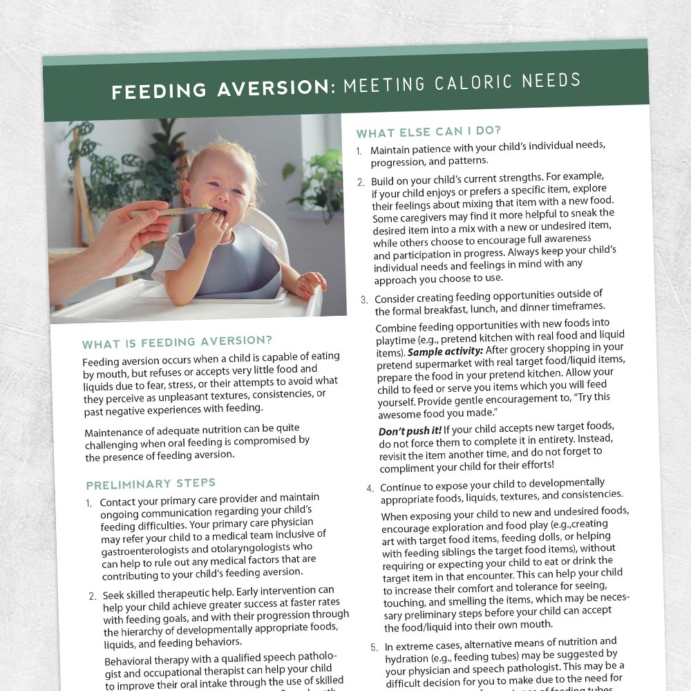 Speech therapy handout: Feeding aversion: Meeting caloric needs